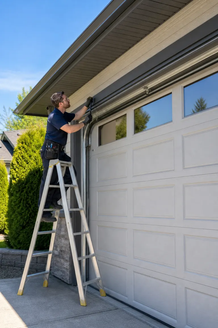 Garage door technician inspecting a residential garage door track